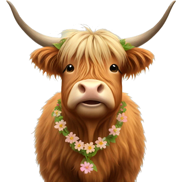 Happy Highland cow with flower necklace  emoji