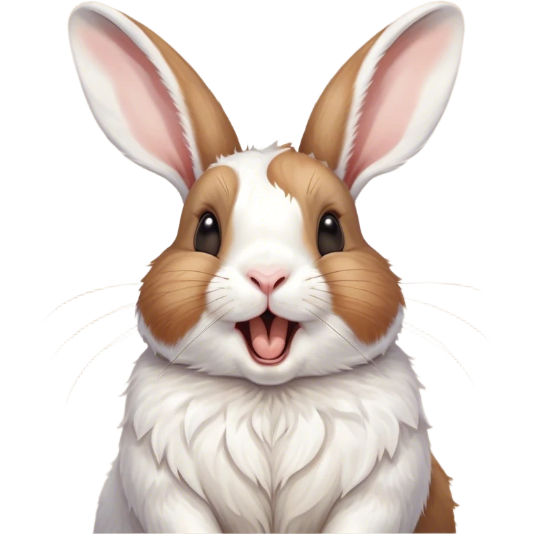 Cinematic Cute Yawning White and Brown Rabbit Portrait Emoji, Head tilted slightly with a dramatic, wide-open yawn, showcasing a soft, patterned fur with crisp white and warm brown patches, floppy ears slightly drooping, round eyes barely open in drowsy contentment, Simplified yet irresistibly adorable features, highly detailed, glowing with a soft, cozy glow, high shine, relaxed yet expressive, stylized with a touch of whimsy, bright and endearing, soft glowing outline, capturing the essence of a sleepy yet affectionate bunny, so drowsy it feels like it could stretch out of the screen and curl up for a nap! emoji