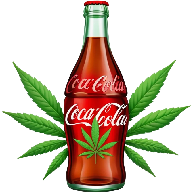 Classic Coca-Cola shaped glass bottle with curved contours, red color, with a cannabis leaf emoji