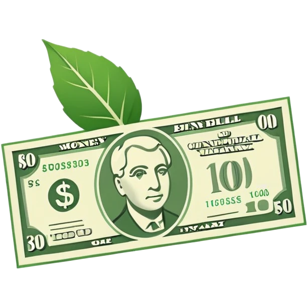 Minimal line-art icon of a money bill with a leaf symbol on the corner, clean modern style, simple outlines, slight 3D, no background, transparent, represents pure and ethical income. emoji
