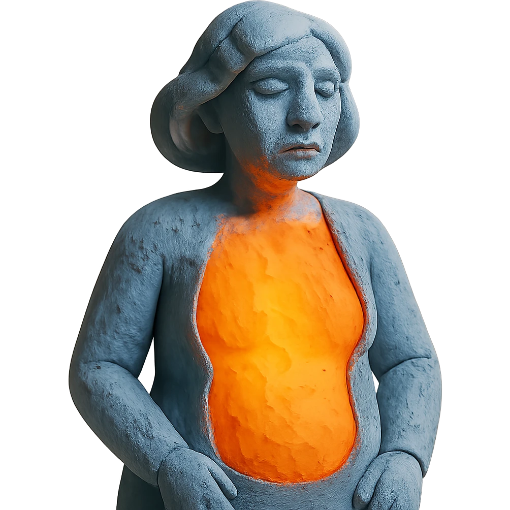 a clay woman with a glowing orange core and frosty blue outer layer, representing menopause hot inside cold outside emoji