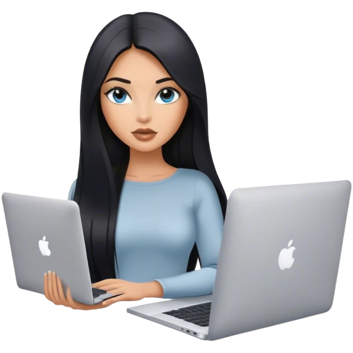 Glamours tanned very beautiful girl with pump nude lips and black straight smooth long hair, blue-grey eyes with one MacBook. emoji