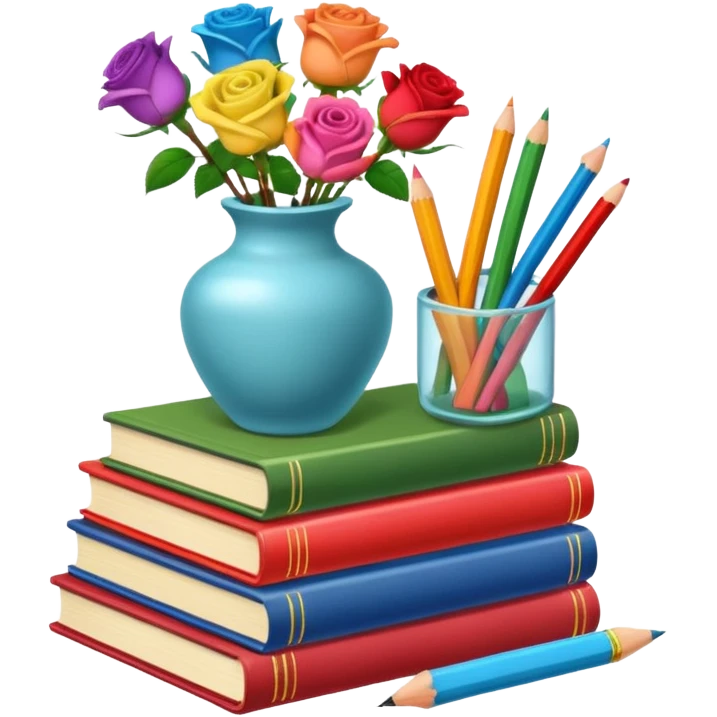 Five colorful books are stacked, along with a pencil holder full of crayons and a vase full of roses. The illustration style is cartoon. emoji