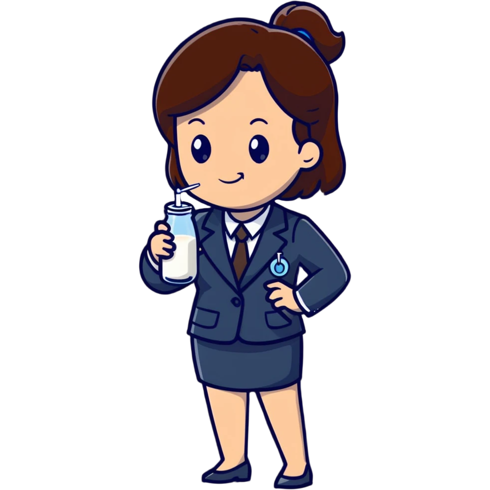 Mom with brown hair in business suit drinking milk and holding a vaccine syringe emoji