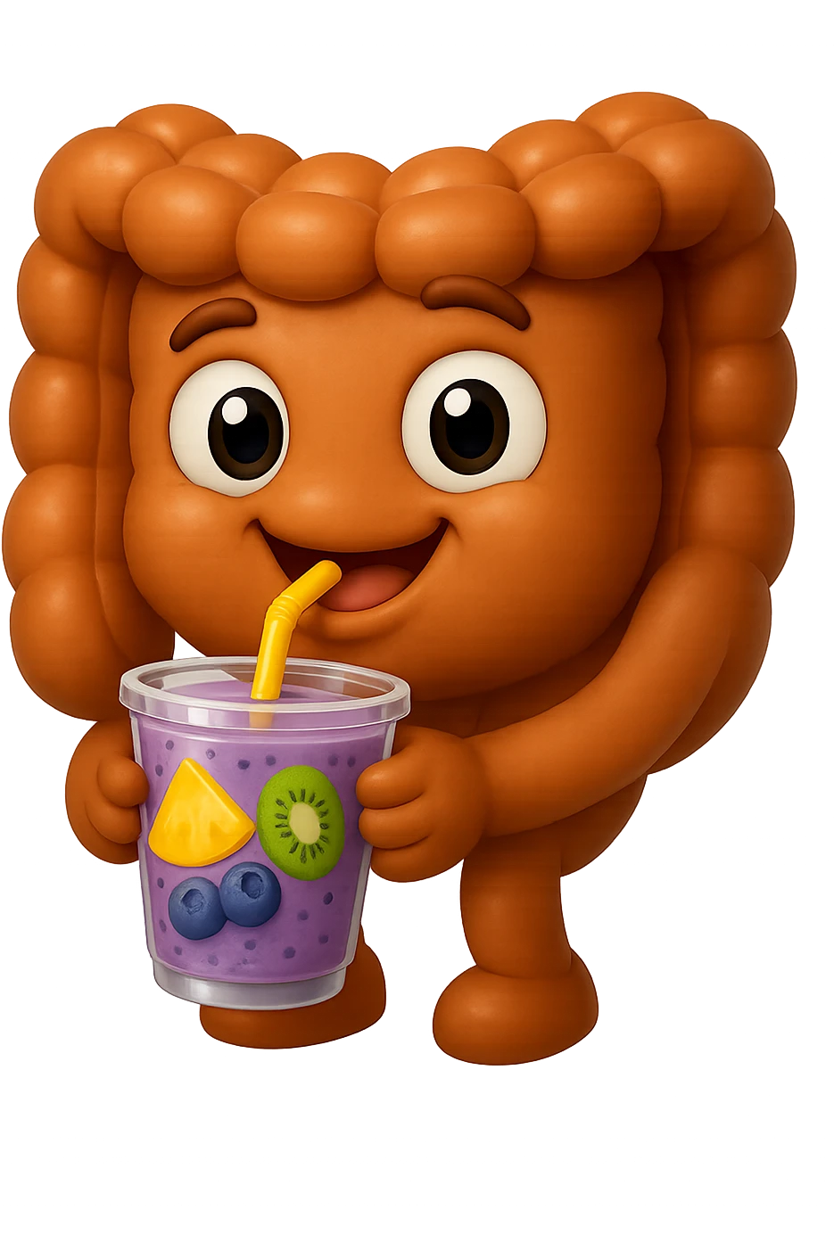 EMOJI STILE IPHONE DI un intestino umano anatomico che beve un frullato di mirtilli, ananas, kiwi, fagli anche la parte bianca degli occhi, non solo le pupille, REALISTICo 4K emoji