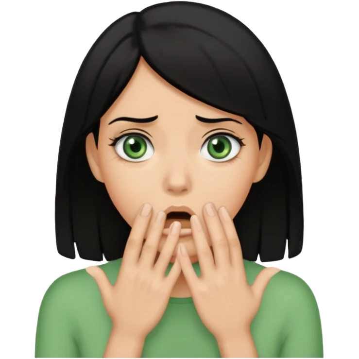 A realistic half-length portrait of a frightened woman with hands to her mouth, black hair and green eyes emoji