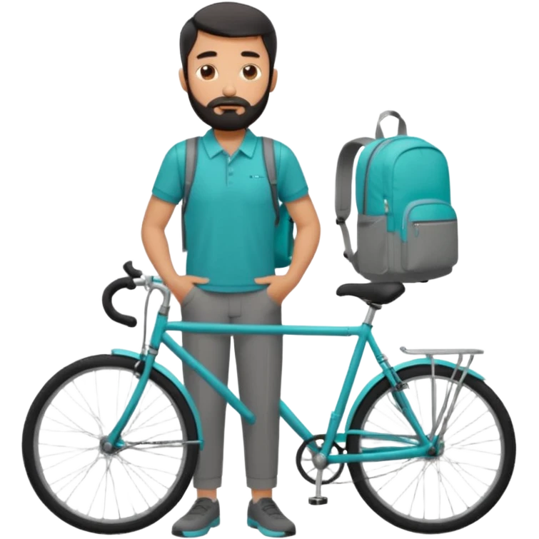 a man with a grey backpack and a torquoise byciycl and he has black shot=rt man hair and a beard with a polo grey shirt and dress pants emoji