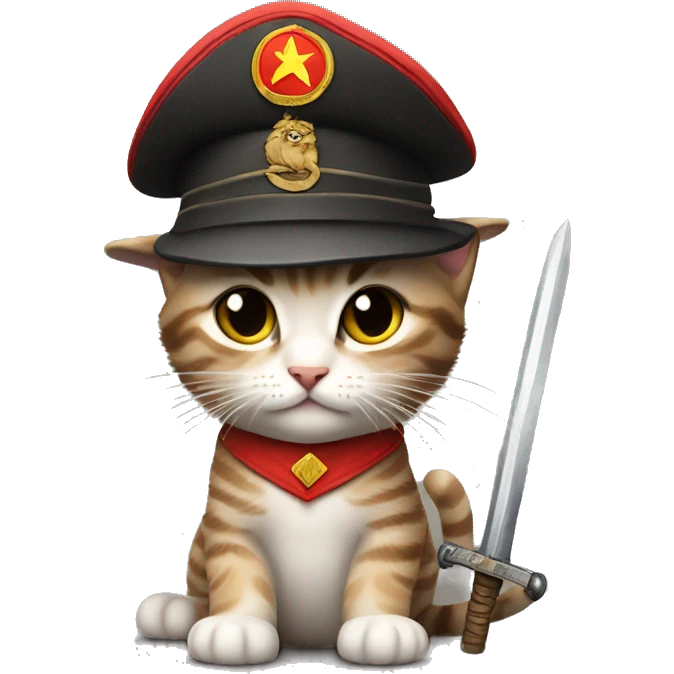 Tabby kitten wearing communist hat with a sword emoji