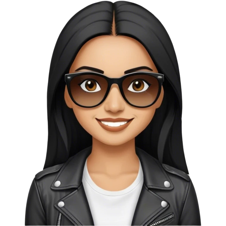 beautiful fit woman, with long straight black hair, with make up, black eye liner, smile mooth close, mexican, brown skin, wearing white tee, wearing leather black jacket, solar black wayfarer on the tip of the nose, we don’t see eyes of the girl emoji