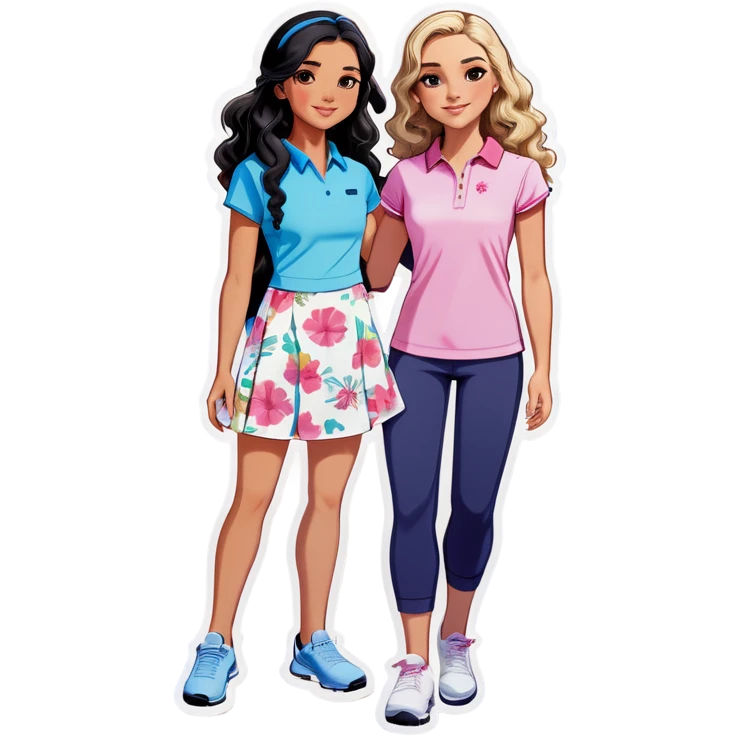 Three girls: one Chinese girl with golf clothes on, one Asian girl with workout pants and wavy mid lengthblack hair, and one American girl with long curly dirty blond hair and a floral dress on. All three are teens. They are all friends emoji