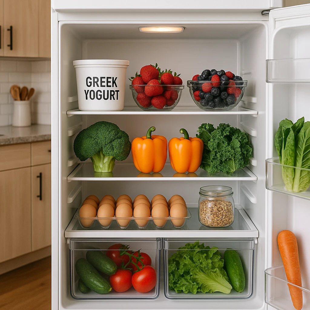 open refrigerator with recommended PCOS foods: Greek yogurt, fresh fruit, vegetables, eggs, seeds, tidy atmosphere, realistic details, kitchen background emoji