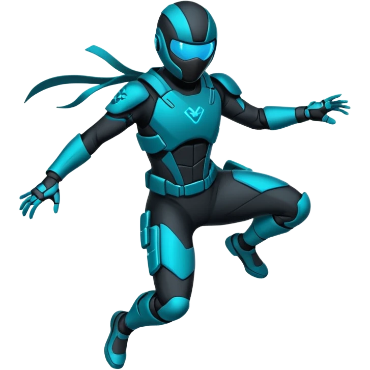 ​"Flat vector sticker, agile cyber-ninja character in a dynamic leap, teal and black tech-suit, glowing accents, die-cut white outline, isolated on white." emoji