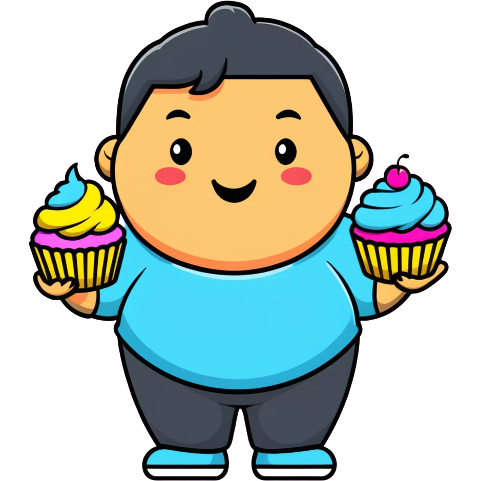 Extremely obese African American cartoon character with a very round face, smiling happily while holding colorful cupcakes emoji