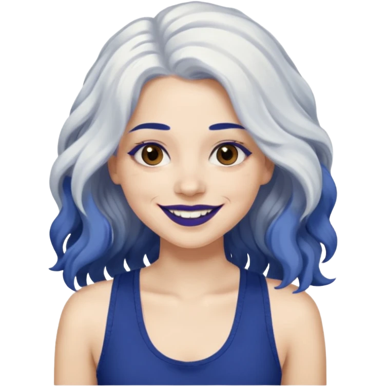 woman wavy with long white hair and brown eyes with dark blue lipstick smiling in a grunge tanktop emoji