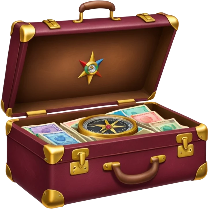 burgundy travel suitcase with multi-colored stamps on it and a gold compass emoji