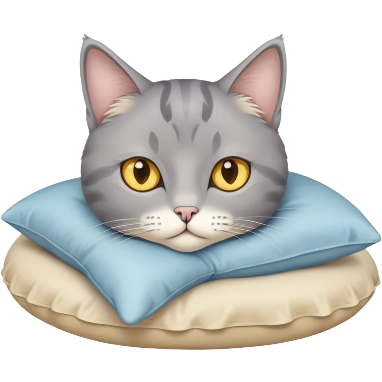A grey cat with yellow eyes and a light blue bow sits on a beige pillow



 emoji
