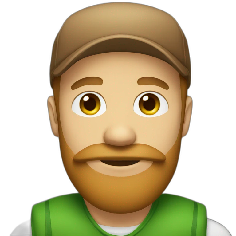 man with green eyes, light brown beard, moustache, and red bini hat emoji