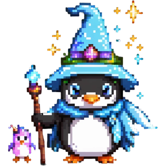 penguin wizard with magical sparkles, a unicorn, fairy, and tiny goblin companion in a pixelated fantasy world emoji