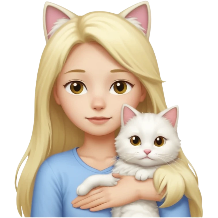 a girl with long blonde hair and a white fluffy cat lying on her left shoulder and neck, emoji style, suitable for Discord and Slack sharing emoji