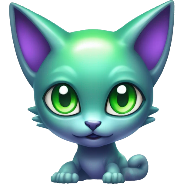 Shiny, Sparkly, Dark-type--Psychic-Ice-type-Fakémon-Alien-Cat Blind Purple eyes, green gem, full body emoji
