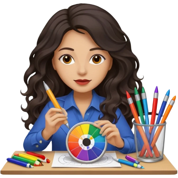female dark wavy long hair graphic designer , color wheel, pens, papers emoji
