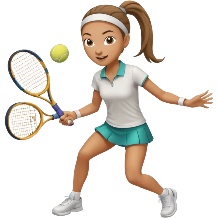 a woman with a ponytail playing tennis, dynamic pose, clear tennis racket, energetic expression emoji