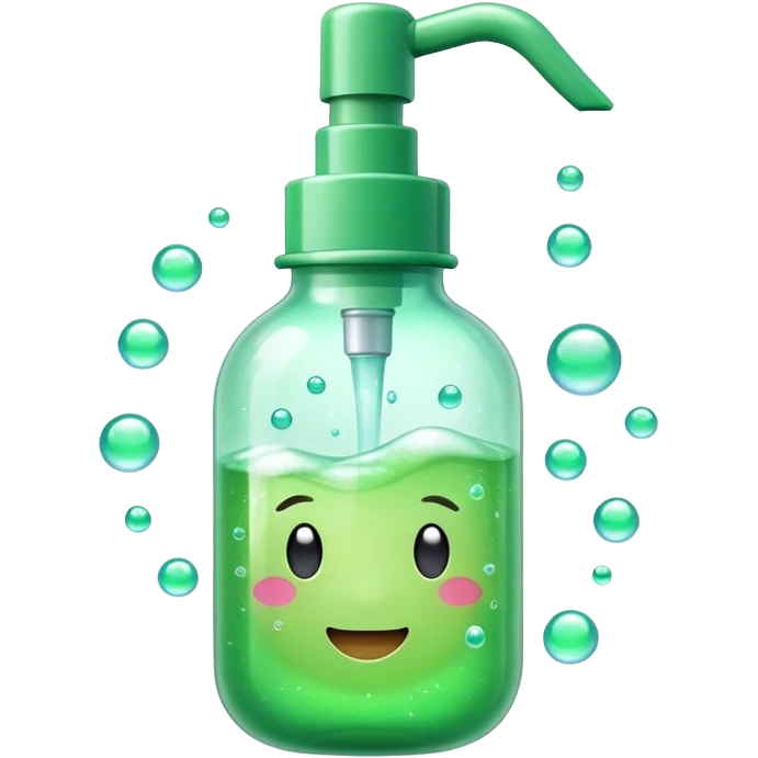White and green pump bottle glowing with soft bubbles and sparkles. Surrounded by a dewy mist and green aura, symbolizing hydration and gentle cleansing. Potion-like, glossy, emoji-style emoji