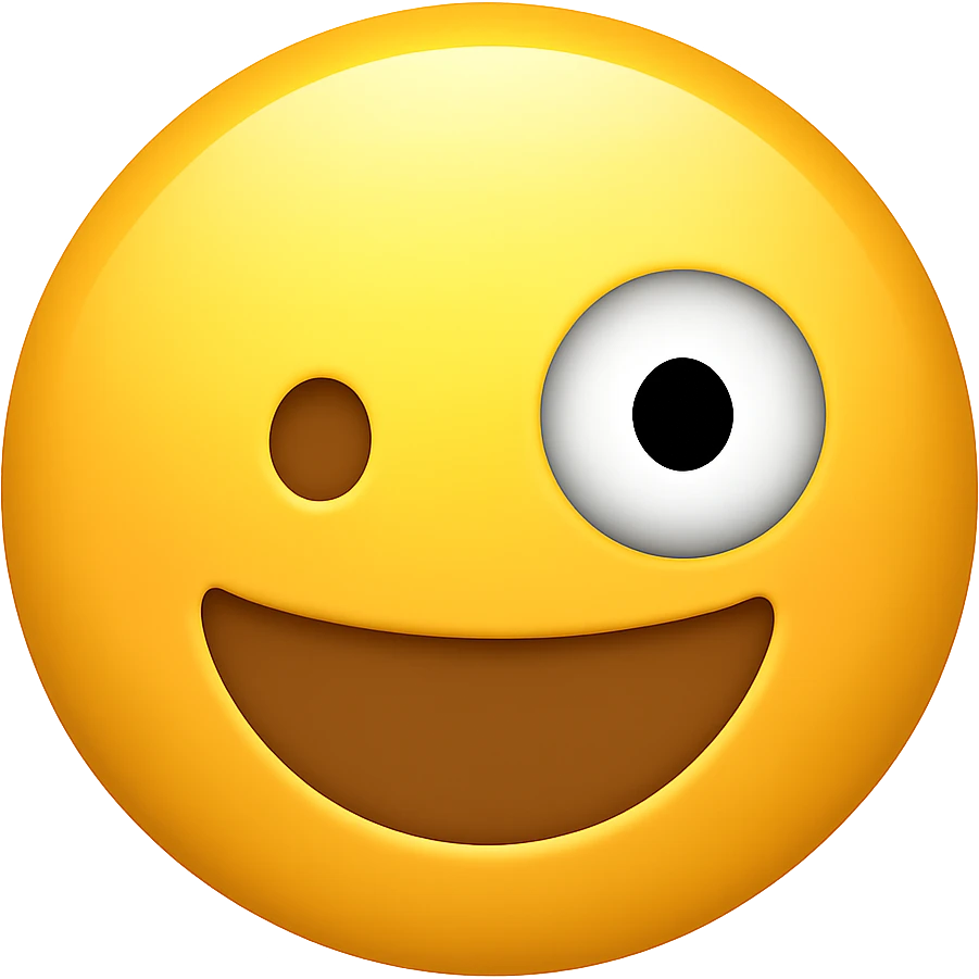 Make this a classic smiley yellow circled emoji with one large and one small eye, in the style of Emojipedia. Keep the background transparent. emoji