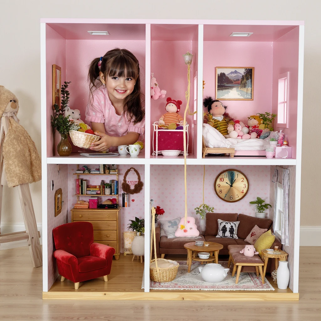 smiling girl arranging furniture in doll house emoji