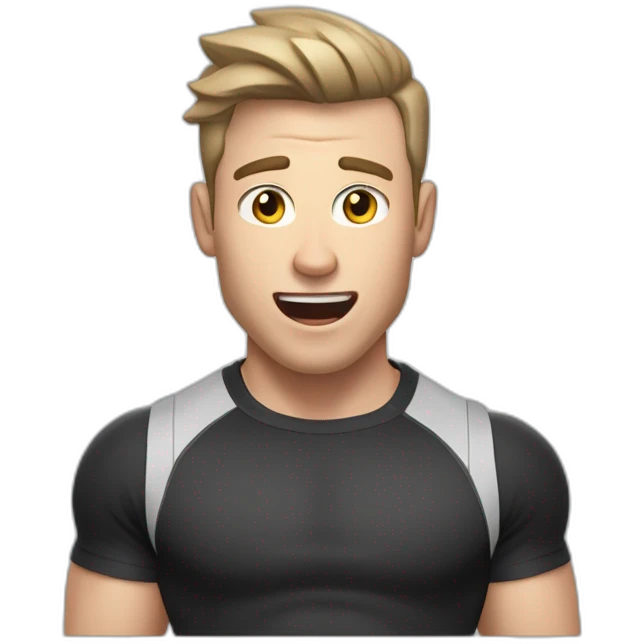 amazed Open with surprise mouth Pale skinned Fit Man With the biceps and dark brown hair in black shirt, gray sports shorts and white Sneakers emoji
