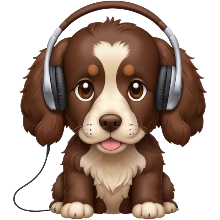 Chocolate cocker spaniel wearing headphones emoji