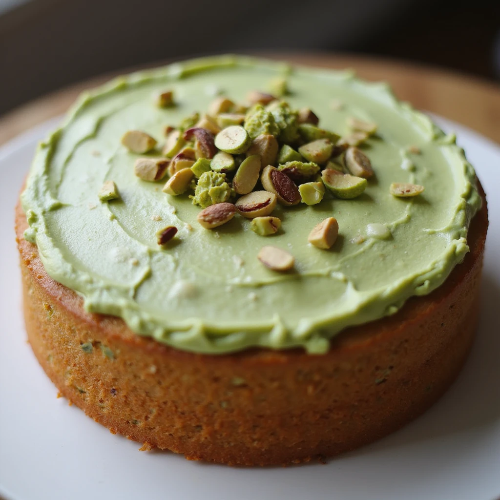 realistic round cake with pistachio frosting and chopped pistachios, photorealistic style emoji