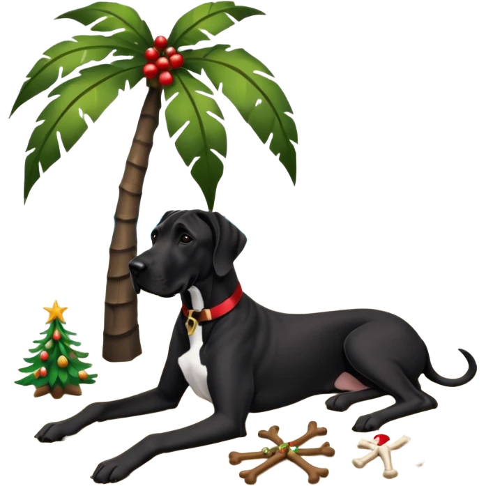 Black (no white) cropped Great Dane laying on a tropical beach with a Christmas tree and dog bones under the tree emoji
