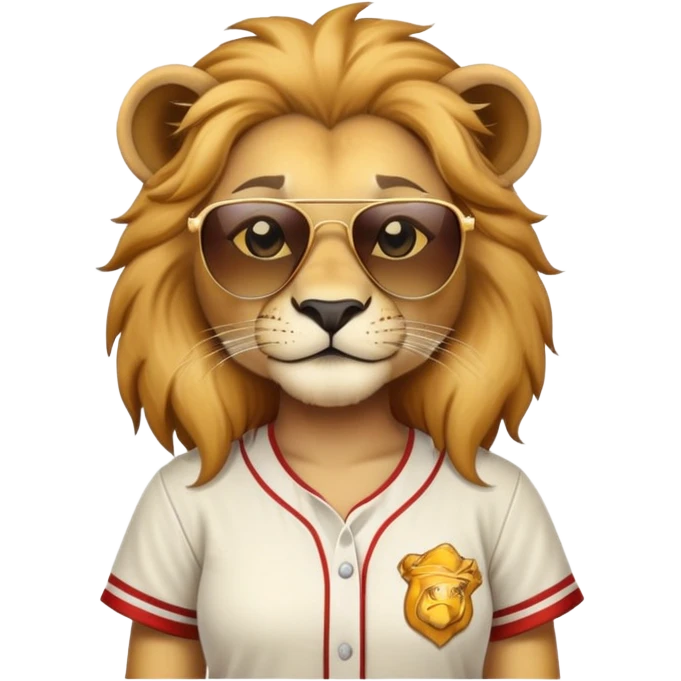 head and shoulders close-crop of a confident female lion wearing a baseball shirt and dark sunglasses emoji