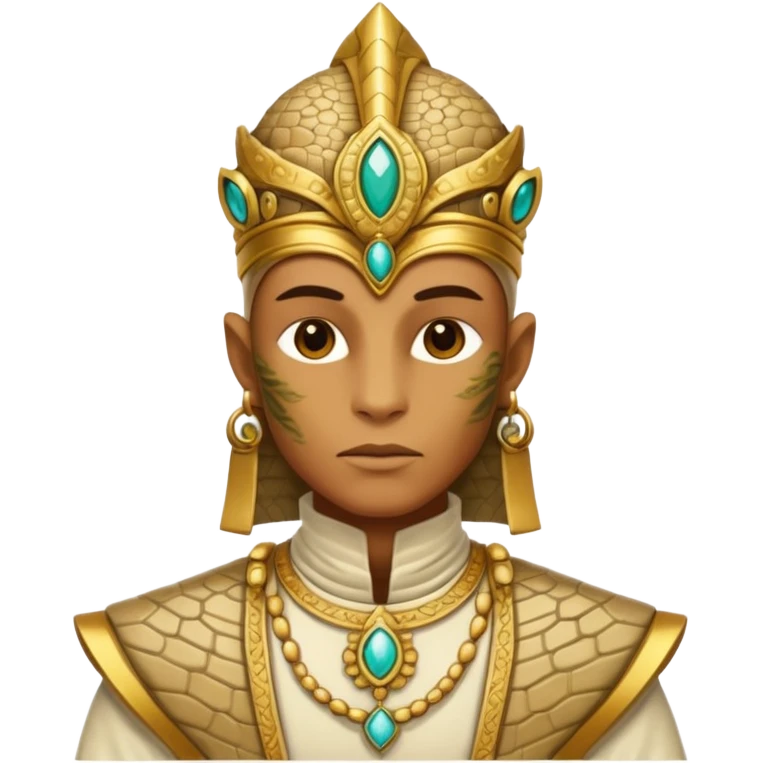 reptilian humanoid in ancient outfit, front view, ornate details emoji