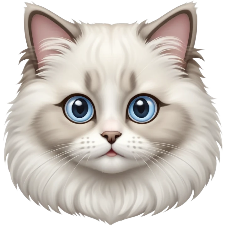 cinematic-adorable-big-eyed-fluffy-ragdoll-cat-portrait-emoji,-head-tilted-playfully-with-a-sweet-expression,-fluffy-white and grey-fur,-simplified-yet-irresistibly-cute-features-with-large,-expression, Large blue eyes emoji