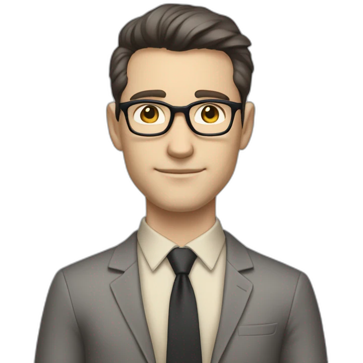 Full height Pale skinned Fit Man With dark brown hair in classic gray suit, beige office shirt, dark gray tie, and vintage glasses. His hands lock emoji