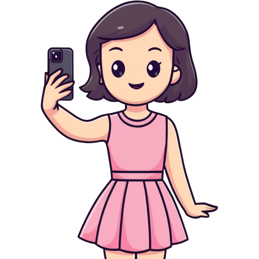 girl wearing a cute pink dress taking a selfie emoji