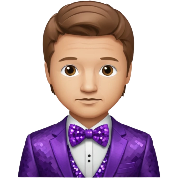 Jeremy Renner with light brown hair, purple sequin suit with bow tie emoji