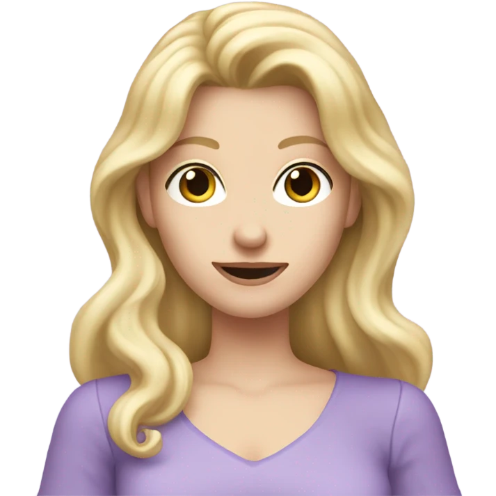 Woman, white skin, pale skin, long hair, blonde hair, wavy hair, lavender top, finger guns emoji