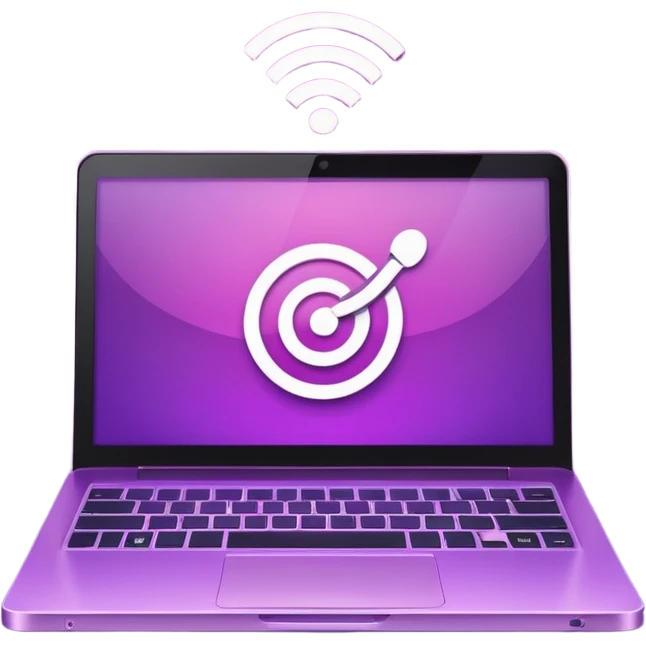 Minimal purple icon: a glowing laptop with a book icon on its screen and a Wi-Fi signal above. Flat style, gradient. emoji