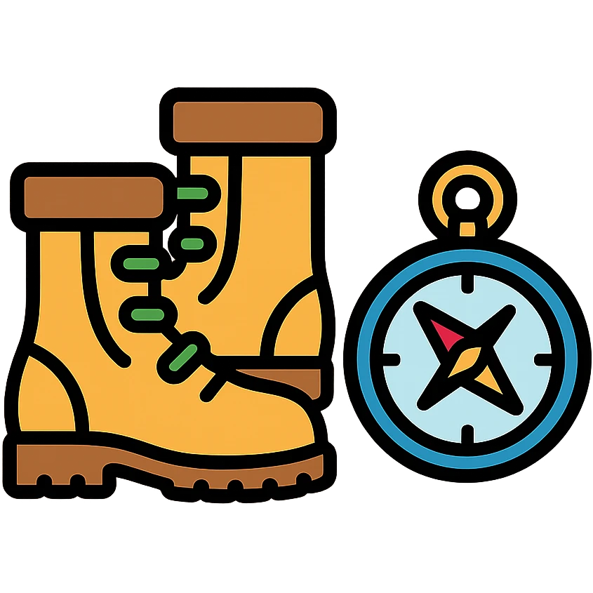 a compass and boots, classic adventure icon style emoji