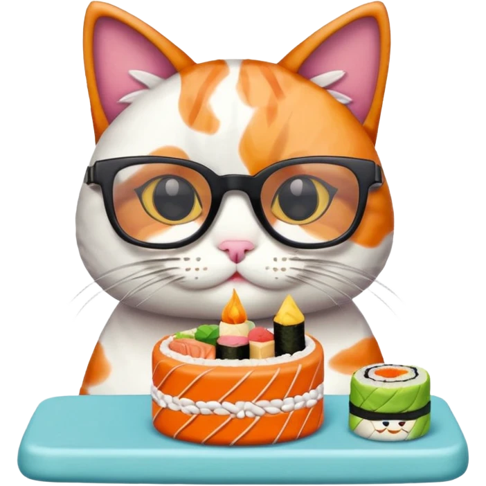 cat with cool square glasses eating a birthday cake made out of sushi emoji