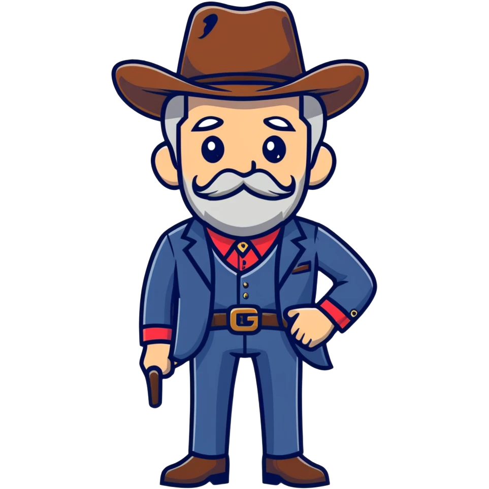 Dutch van der Linde from Red Dead Redemption 2, older man with mustache and beard, cowboy hat, suit, western gang leader emoji