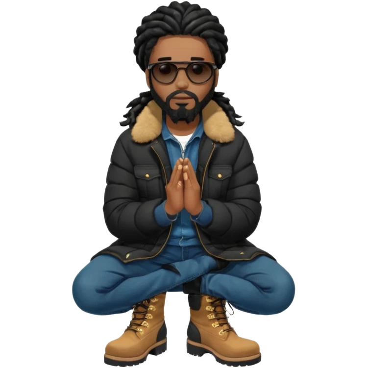 African American man with shoulder length black dreadlocks with black beard wearing black sunglasses wearing a black bubble winter coat wearing denim skinny jeans and timberland boots kneeling in prayer emoji
