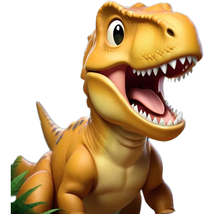 Cinematic Cute Yawning T-rex Portrait Emoji, Head tilted slightly with a dramatic, wide-open yawn, showcasing a robust, muscular form with a slightly open mouth revealing powerful jaws and sleepy, half-closed eyes, Simplified yet irresistibly adorable features, highly detailed, glowing with a soft, cozy prehistoric glow, high shine, relaxed yet expressive, stylized with a hint of whimsical ancient ease, soft glowing outline, capturing the essence of a drowsy yet affectionate T-rex that appears ready to stretch and yawn its way out of the screen! emoji