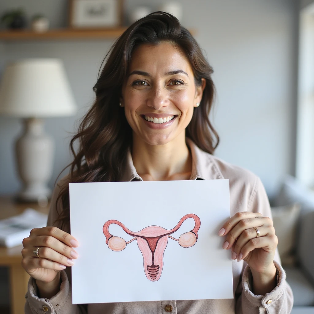 woman with PCOS holding a drawing or print of enhanced oocytes, confident smile, bright clinical or home environment, realistic photography emoji