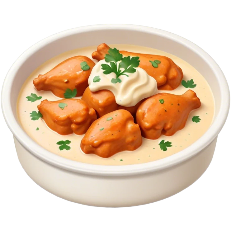 Butter Chicken Cinematic Realistic Butter Chicken Dish Emoji, depicted as tender chicken pieces sliced up and bathed in a creamy white sauce garnished with fresh cilantro, rendered with rich textures and vibrant, appetizing lighting. emoji