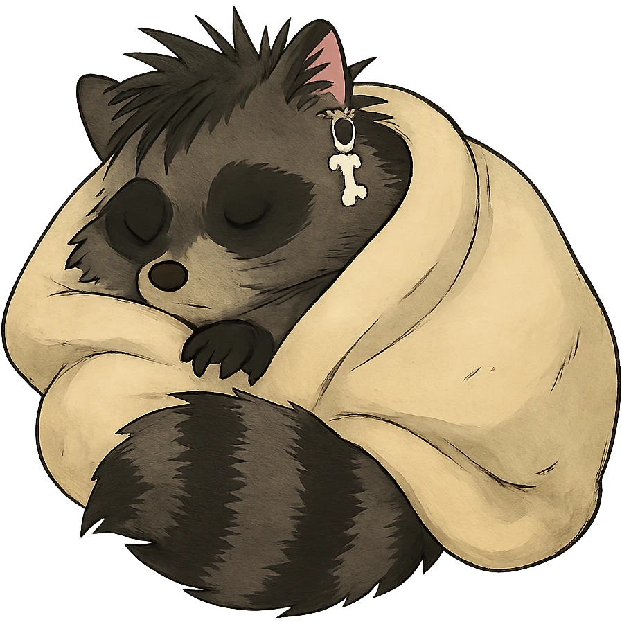 a punk goth trash baby raccoon cuddled up tucked in for a cozy nap emoji
