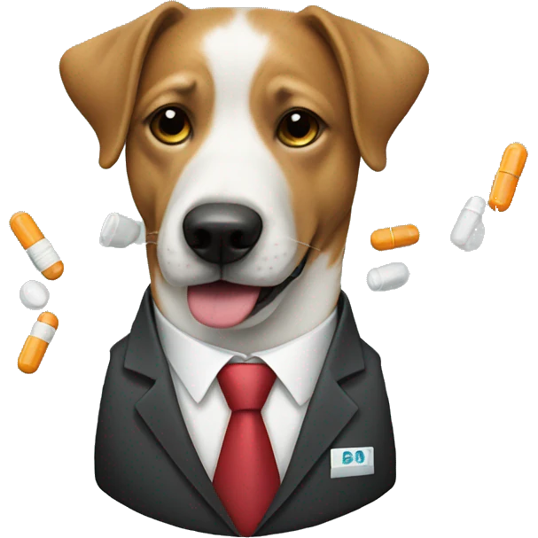 Dog wearing a suit and tie taking pills emoji